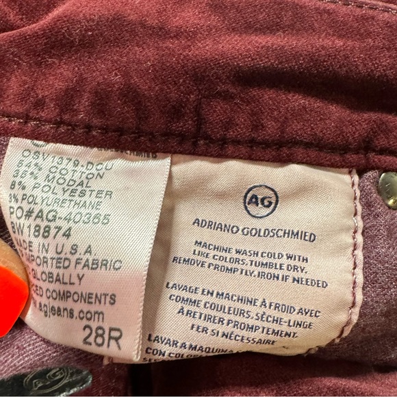 Ag Adriano Goldschmied Skinny High Rise Velvet Pants The Farrah Maroon SZ 28 R N - Picture 12 of 16